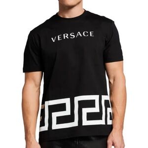 Authentic Versace Mens Black Tee with White Geometric Pattern (M)